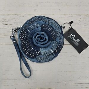 Noelle‎ Mini Rose Bag Denim Blue Wristlet Purse Studded Jeweled Round Circle Zip